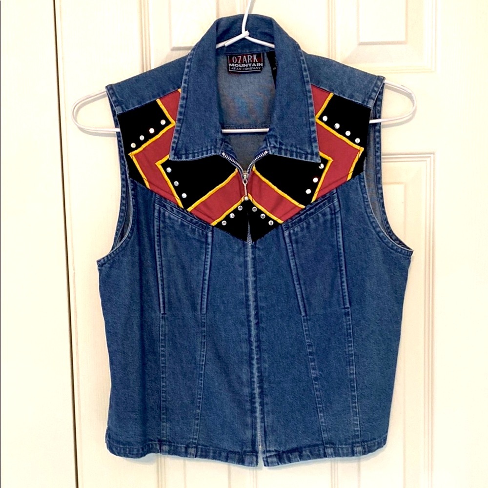 Ozark Mountain EUC Denim Vest with Colorful southwestern Small medium wash